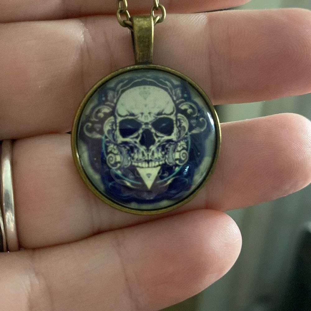 Gothic Skull Pendant Necklace Antique Bronze Chain Dark Fantasy Halloween 18in